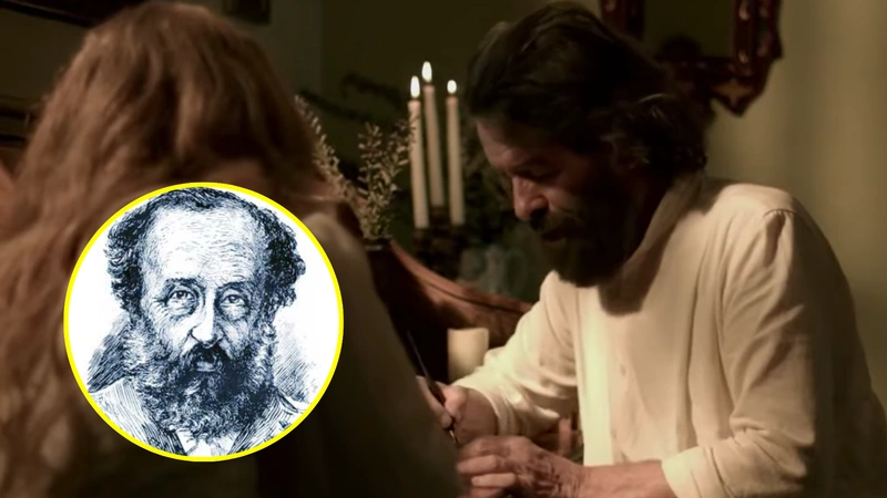 Epifanio Mejía y su musa Amelia. Captura de pantalla del programa Más Allá del Tiempo. Imagen de Biografías y Vidas.