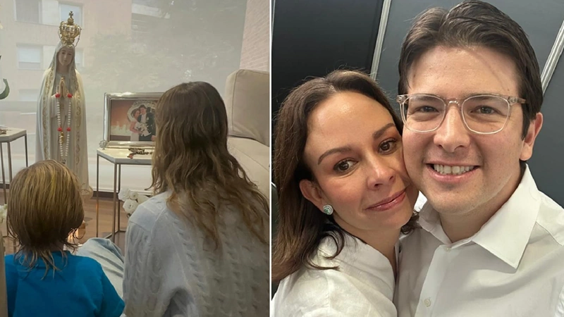 María Claudia Tarazona y su hijo le oran a la Virgen de Fátima para que Miguel Uribe salga bien en cirugía. Foto: Redes sociales