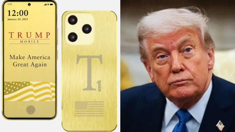 Donald Trump y su nuevo Trump T1. Fotografía tomada de: BBC y Trump Mobile.