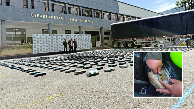 La foto principal corresponde al decomiso de 720 kilos de clorhidrato de cocaína que eran transportados en este camión. La foto de detalle es de una de las bolsas donde camuflaban 251 kilos de marihuana, que iban en un vehículo particular.