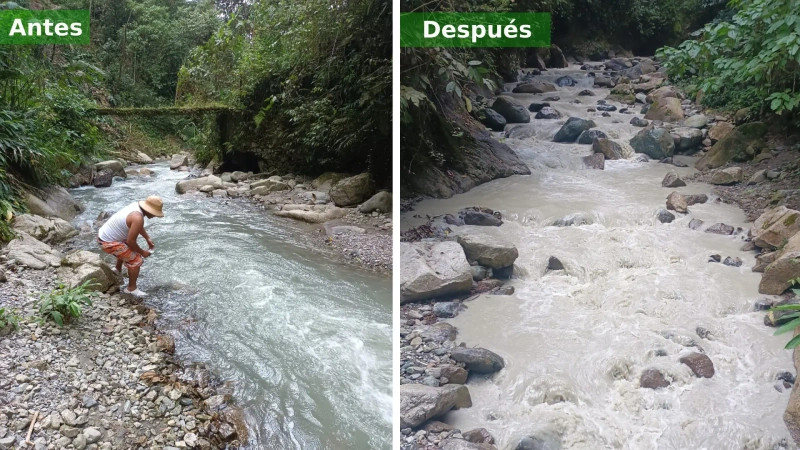 En la imagen hacemos un comparativo de la quebrada antes del daño ambiental y después.