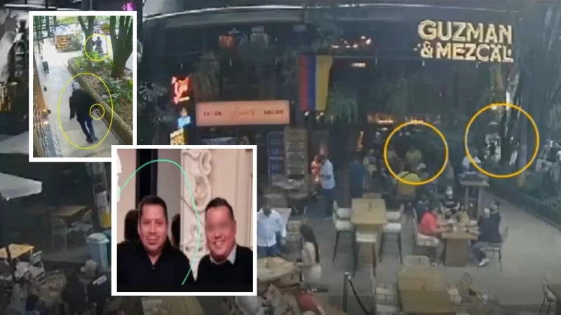Imagen del restaurante de Provenza donde fue asesinado el mexicano. Las imágenes de detalle son: fotograma de cámara de seguridad cuando huyen los sicarios e imagen de la víctima detectada por las autoridades en el celular que le incautaron a quien disparó.