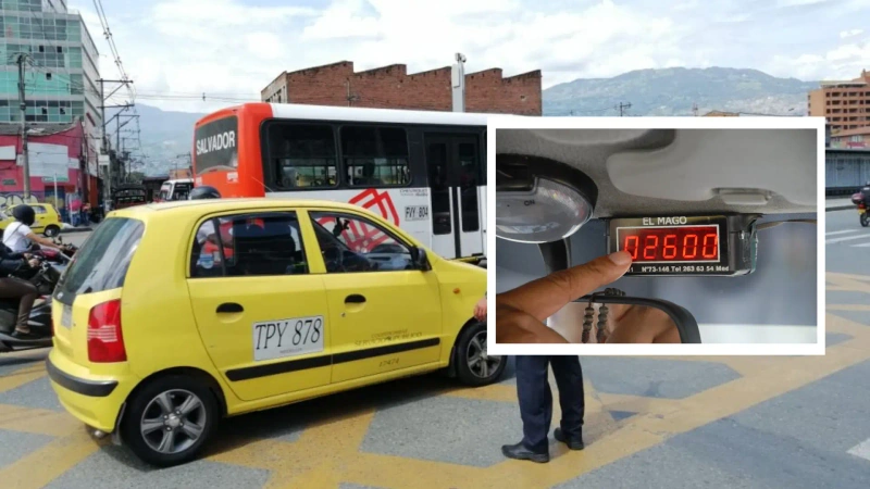 En la imagen se ve al fondo un taxi y se resalta en detalle un taxímetro