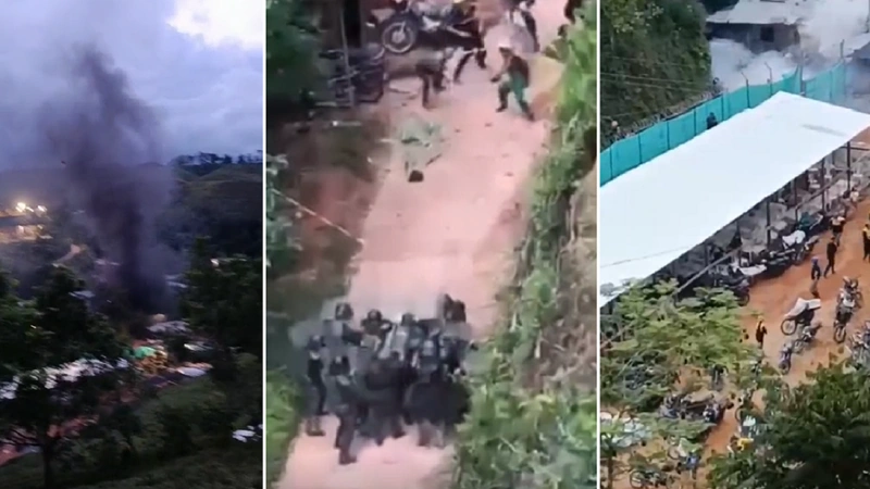 Los uniformados que iban a realizar el operativo en mina de Segovia fueron atacados con piedras. Foto: Screenshot