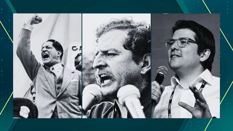 La imagen muestra el rostro de tres figuras políticas de Colombia, que fueron asesinados y sus crímenes reconocidos como magnicidios. De izquierda a derecha: Jorge Eliécer Gaitán, Luis Carlos Galán y Miguel Uribe Turbay