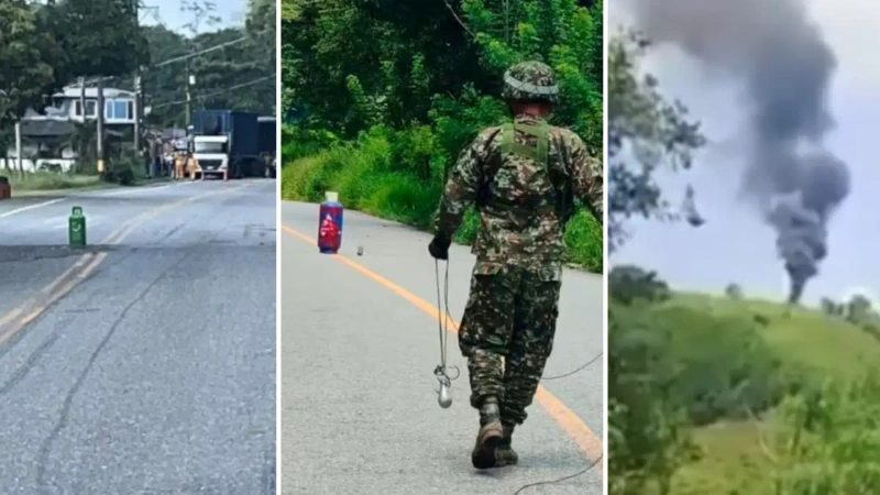 La imagen muestra tres momentos y tres ataques diferentes contra la movilidad y la fuerza pública.