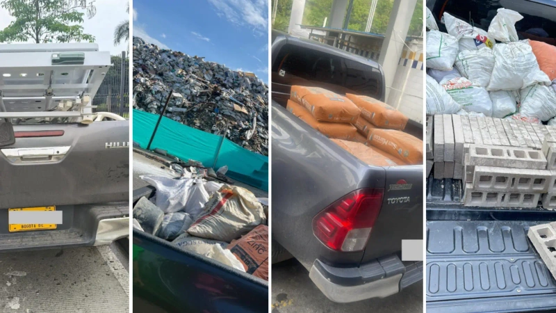 El collage de imágenes muestra las diferentes camionetas cargadas con material para construcción.
