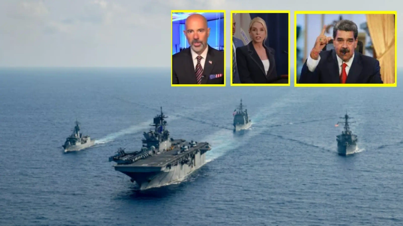 La imagen principal muestra el despliegue de EE.UU. en el mar Caribe. Mientras que en detalle se muestra al director de la DEA, la fiscal de Estados Unidos y a Nicolás Maduro.