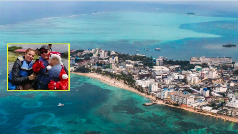 La imagen general muestra una panorámica de la isla de San Andrés y en detalle, la foto de las tres víctimas.