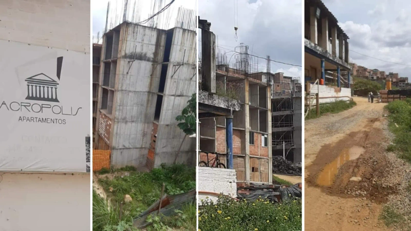 Este collage muestra en qué condiciones inconclusas quedó el proyecto de vivienda Acrópolis en Bello.