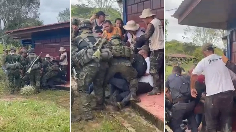 En los videos compartidos en redes sociales se ve el forcejeo entre campesinos y militares. El supuesto criminal aprovechó la asonada para huir. Foto: Screenshot