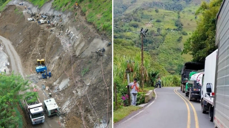 Son dos imágenes: la de la derecha muestra las obras en la troncal del café y la izquierda muestra la congestión por bloqueos en la vía Quibdó - Medellín.