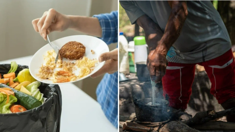 La imagen es un paralelo de alguien que desperdicia comida y otra foto en la describe la escases.