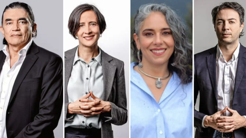 La imagen es un collage que muestra los precandidatos presidenciales. De izquierda a derecha: Gustavo Bolívar, Susana Muhamad María José Pizarro y Daniel Quintero.