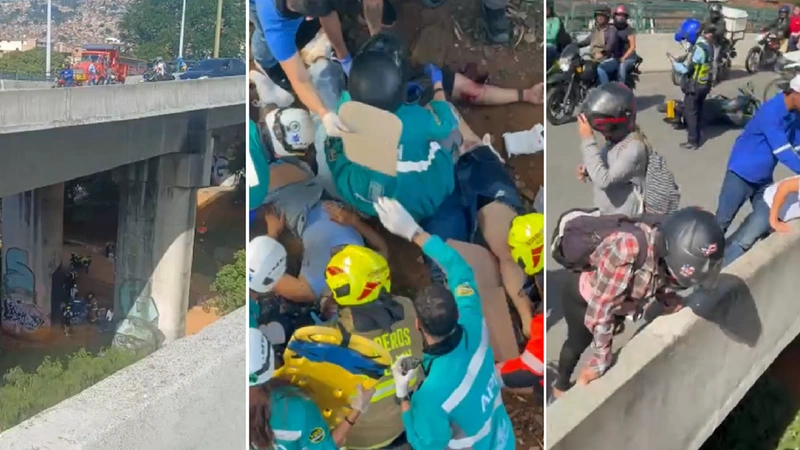 Aparentemente quien conducía la motocicleta perdió el control y se chocó con el separador de la estructura, cayendo al vacío. Foto y video: Denuncias Antioquia