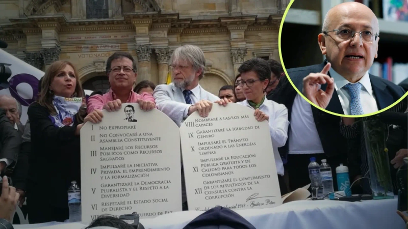 En la imagen general se observa a Petro junto a otras figuras políticas, cuándo hizo el compromiso público de no convocar a una Constituyente. En la foto detalle está El Ministro de Justicia Eduardo Montealegre, quién fue el que leyó esta iniciativa del Gobierno. Foto tomada redes sociales.