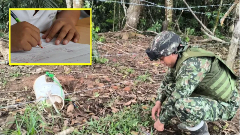 En la imagen general se observa a un militar inspeccionando un cilindro, mientras que la foto detalle muestra a un niño recibiendo clase presencial. Foto: Pixabay