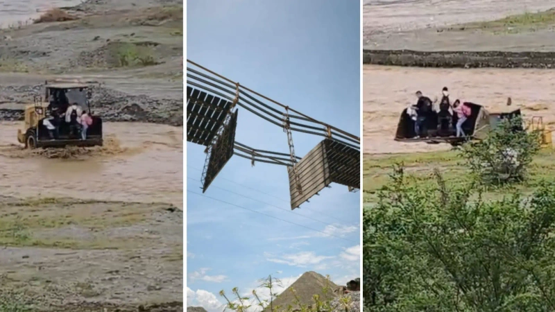 Las imágenes muestran cómo varias personas son transportadas en el cazo de una retroexcavadora, tras desprendimiento de parte del puente