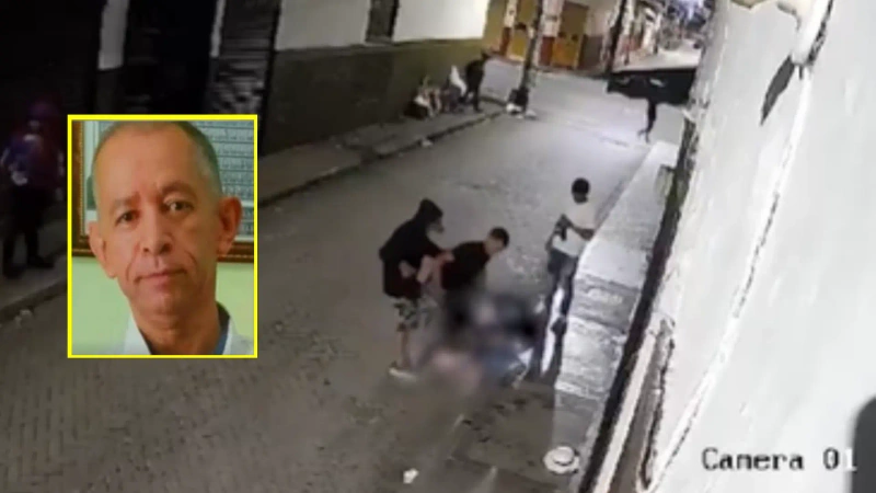 En la imagen detalle aparece don Gabriel, el vigilante asesinado a los golpes. EN general una imagen tomada de la cámara de seguridad que captó el momento de la golpiza.