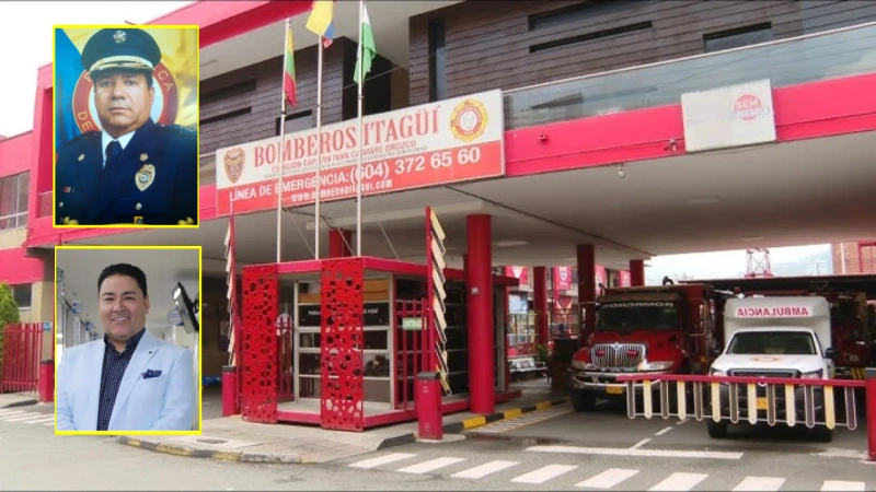 En la foto general se muestra la fachada de la sede Bomberos Itagüí, en detalle la foto de los comandantes que renunciaron. Arriba: Elkin González Correa. Abajo: Misael Cadavid Jaramillo.