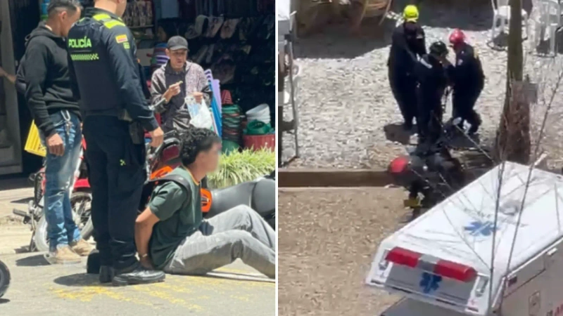 En la primera imagen se ve a uno de los supuestos ladrones capturado por las autoridades, en la otra imagen el momento de traslado de los heridos.