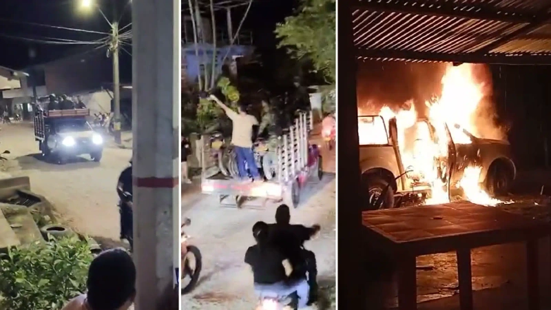 Este collage muestra cómo los soldados fueron retenidos por la comunidad y uno de los vehículos oficiales incinerados.
