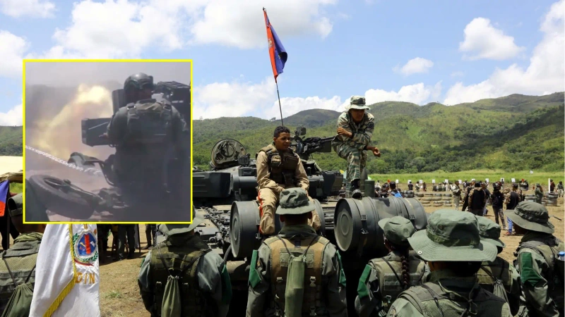 La imagen describe un grupo de militares de la Guardia Nacional Bolivariana concentrada en entrenamientos, mientras que la foto en detalle, muestra las pruebas de misiles aéreos en el mar Caribe.