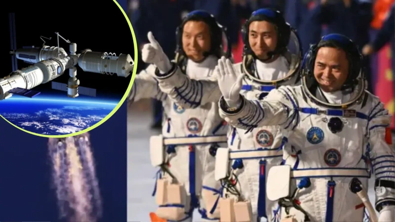 En la imagen los tres astronautas chinos que esperan su retorno a la tierra.