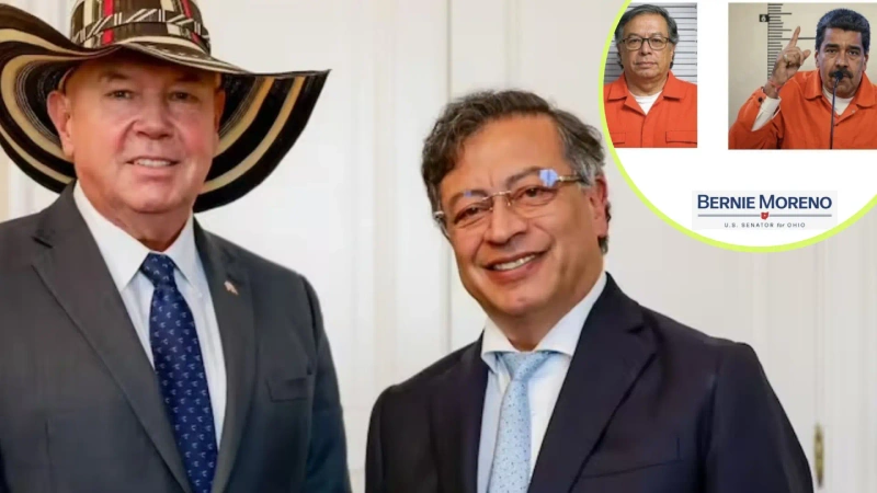 En la imagen general el presidente Gustavo Petro Urrego y el Embajador de Colombia en Estados Unidos, Daniel García-Peña. En detalle una imagen creada con inteligencia artificial de Petro y Nicolás maduro con overol de privados de la libertad.