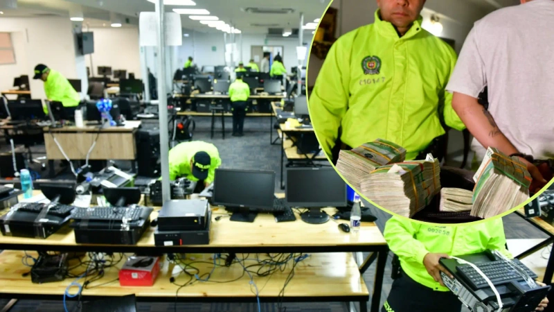 Esta es una de las oficinas de la red delictiva, operaban como un falso call center ofreciendo inversiones en criptoactivos. Foto: Cortesía Fiscalía General de la Nación