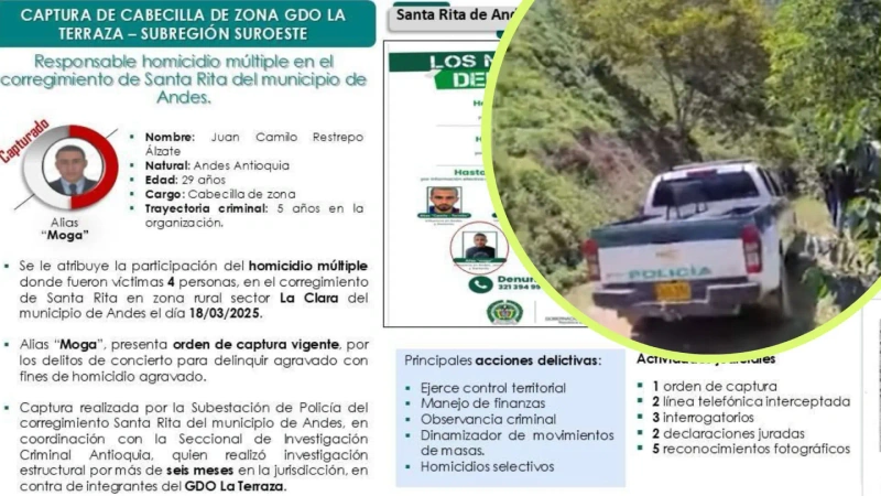 En la iamgen general los datos del capturado publicados por el gobernador de Antioquia y, en detalle, una foto de la inspección del momento de la masacre ocurrida en marzo de 2025.