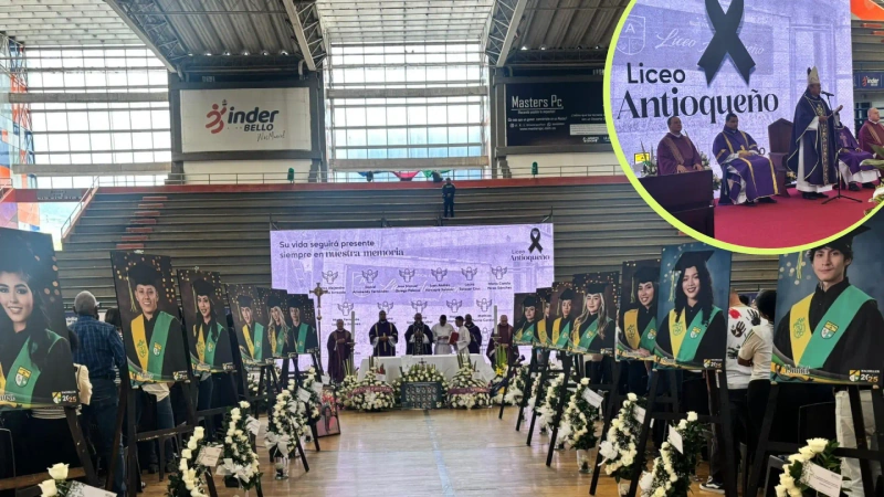 En la imagen general las fotos del homenaje a las víctimas, en detalle el obispo auxiliar de Medellín, quién ofició la eucaristía.