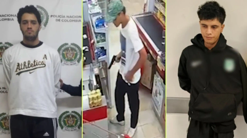 Este collage muestra a los dos judicializados y en el medio uno de ellos, en medio de uno de los atracos.