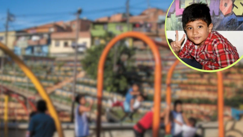 En la imgen principal un parque del barrio Manrique, como referencia y en la imagen en detalle la foto del pequeño Mathías Serna, quién murió por ingerir una pastilla que encontró en un parque.
