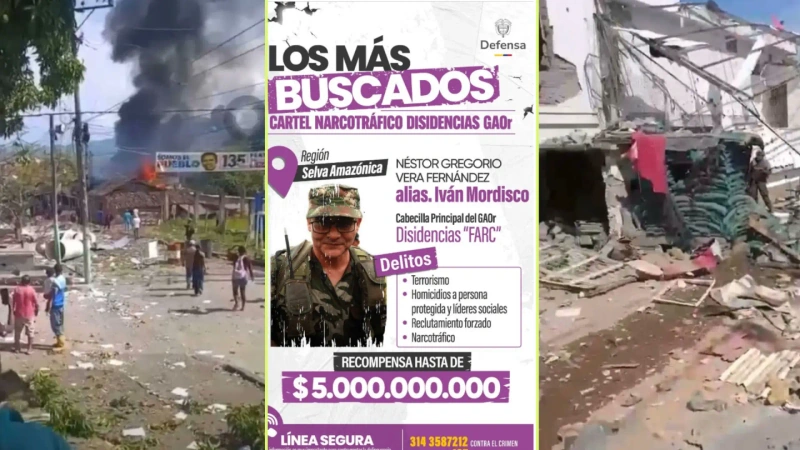 En l aimagen central la foto de alias Iván Mordisco, por quién ofrecen una recompensa de hasta 5 mil millones de pesos. Las demás fotos son las afectaciones de los ataques perpetrados en el Cauca.