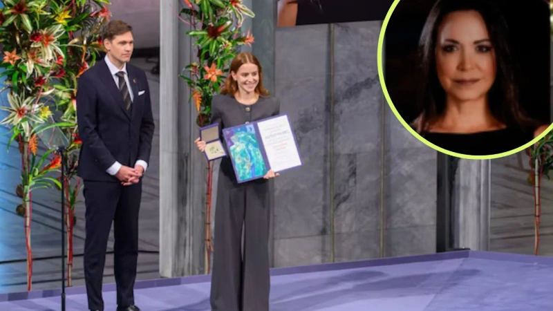 En general, Ana Corina Sosa, hija de la líder opositora de Venezuela. En detalle, María Corina, en la foto oficial del Premio Nobel. Foto: EFE