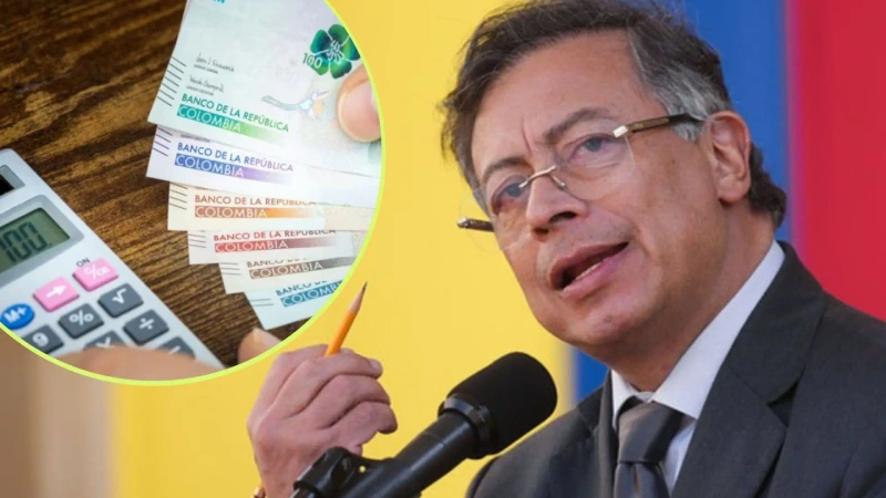En la imagen el presidente de Colombia Gustavo petro y en detalle una referencia de billetes del país.