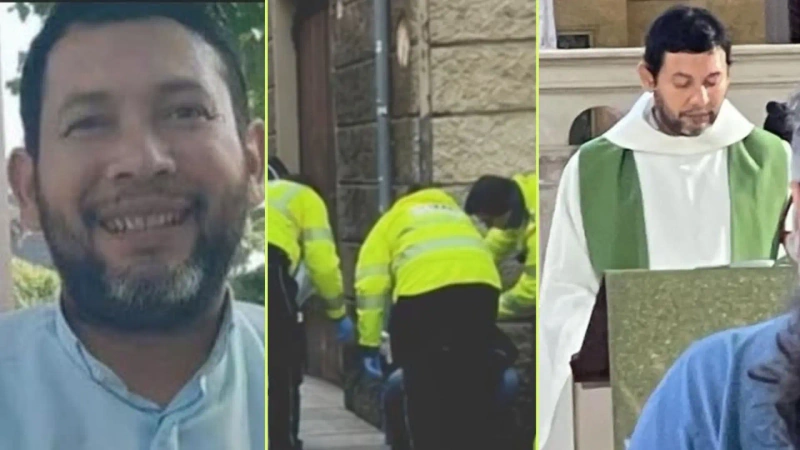 Este collage de imágenes muestra diferentes momentos de el sacerdote herido con arma blanca en Italia, en la del medio, el momento de la agresión.