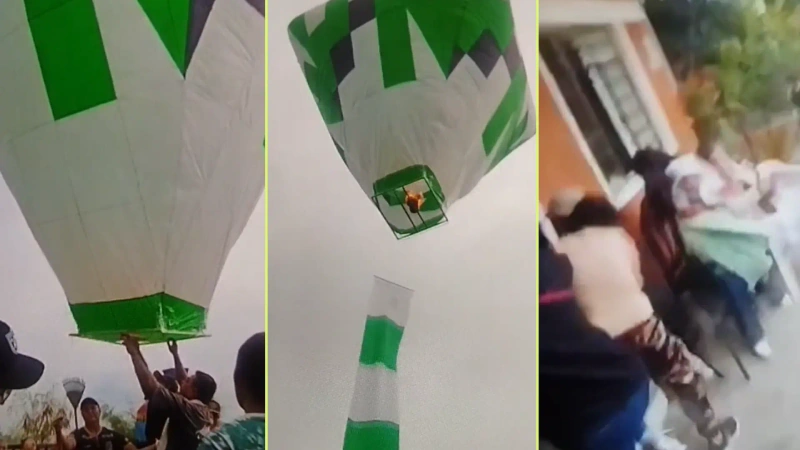 La tira de pólvora se le cayó al globo de mecha e hizo explosión en medio de las personas que veían el lanzamiento. El hecho se registró en San Javier La Loma. Foto y video: Denuncias Antioquia