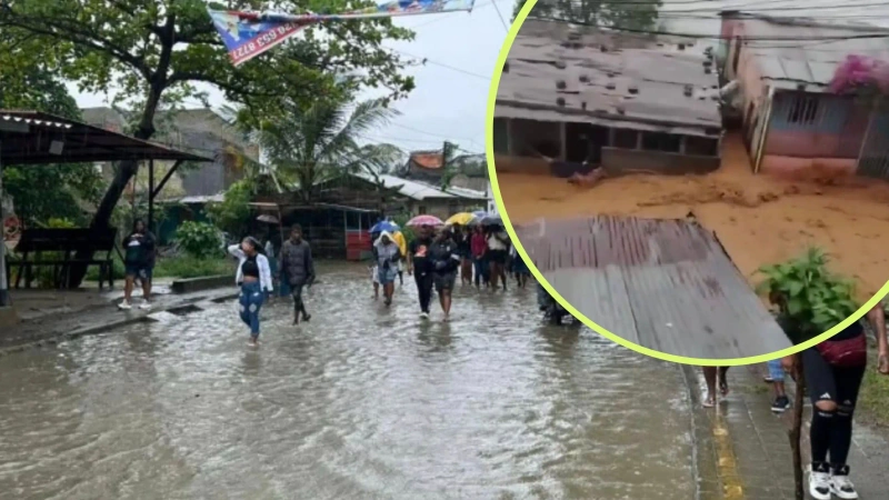 La imagen principal es una calle de Turbo inundada por las lluvias. La foto de detalle es del desbordamiento de una quebrada en el centro oriente de Medellín.