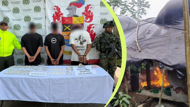 Tres presuntos integrantes del Clan del Golfo capturados y dos laboratorios para procesar cocaína destruidos en Antioquia. Foto: Cortesía.