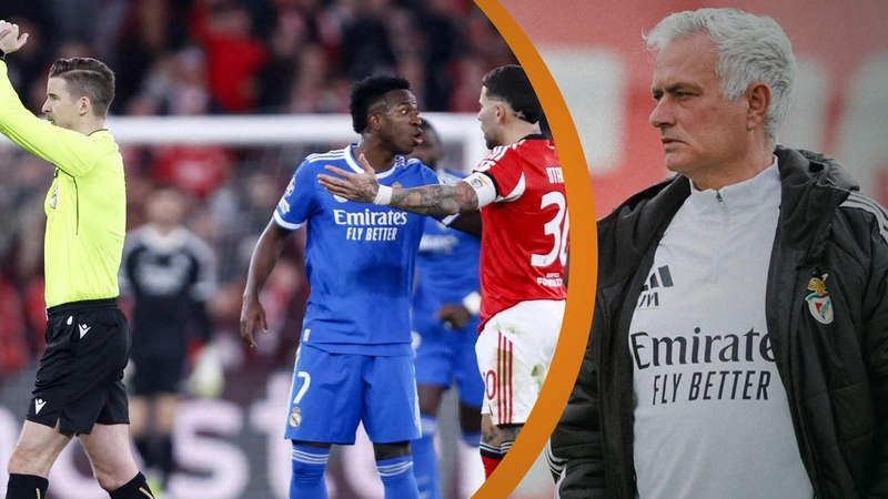 José Mourinho cuestionó la celebración de Vinícius Junior y criticó fuertemente al árbitro François Letexier. Tomado de Real Madrid y Benfica.