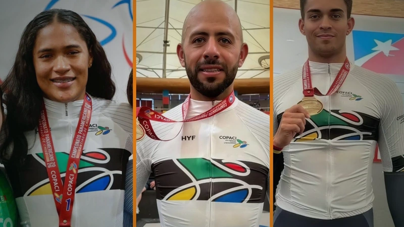 Stefany Cuadrado, en kilómetro, Jordan Parra, en eliminación, y Cristian Ortega también en kilómetro, se colgaron la medalla de oro en el Panamericano de Pista Élite. Tomado de: Federación Colombiana de Ciclismo.