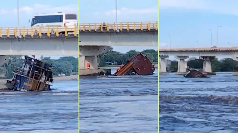 La embarcación, que funcionaba como remolcador, chocó con uno de los pilares del puente Guillermo Gaviria Correa. Foto: Screenshot