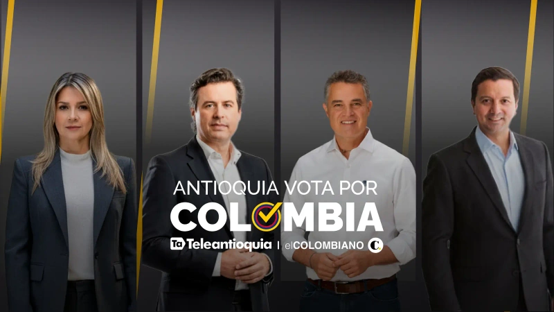 Vicky Dávila, Juan Manuel Galán, Aníbal Gaviria y David Luna son el primer grupo de los candidatos de la Gran Consulta en el debate de Antioquia Vota por Colombia. Foto: TANoticias