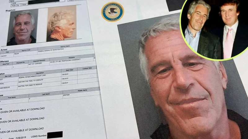 Foto principal: espediente de Jeffrey Epstein. Foto detalle: Jeffrey Epstein junto con Donald Trump.