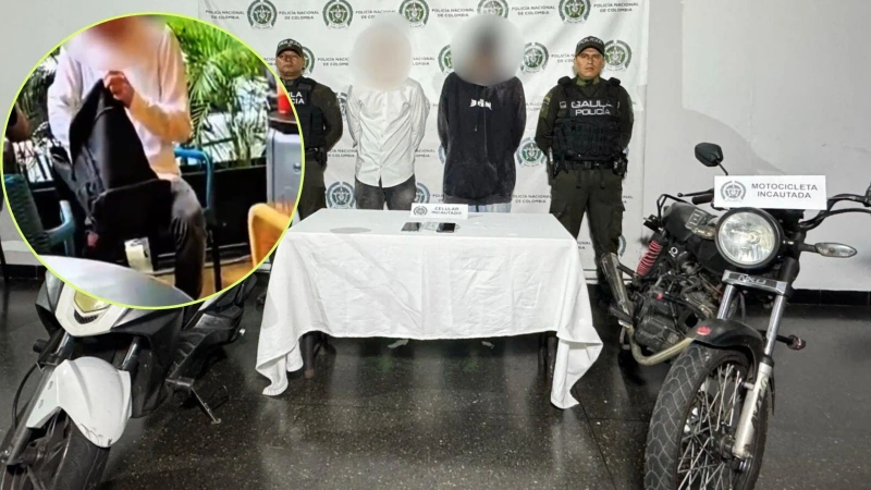 Dos hombres fueron capturados en Medellín luego de intentar cobrar una millonaria extorsión haciéndose pasar por integrantes del Clan del Golfo. Foto: cortesía Meval.