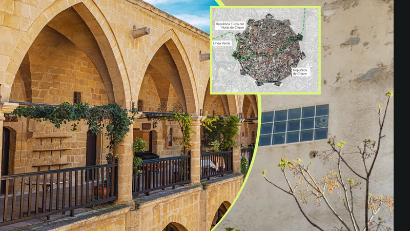 Así es Nicosia, uno de los países que tiene la capital dividida. Captura de pantalla del canal Marco y Sara de Trip, imágen de Visit North Cyprus y mapa tomado de la BBC.