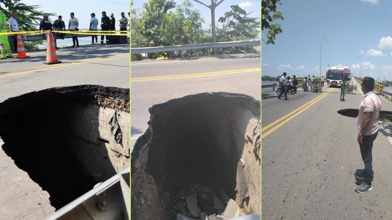 La grave socavación en la estructura del puente obligó a suspender el paso total de vehículos. Foto: cortesía.