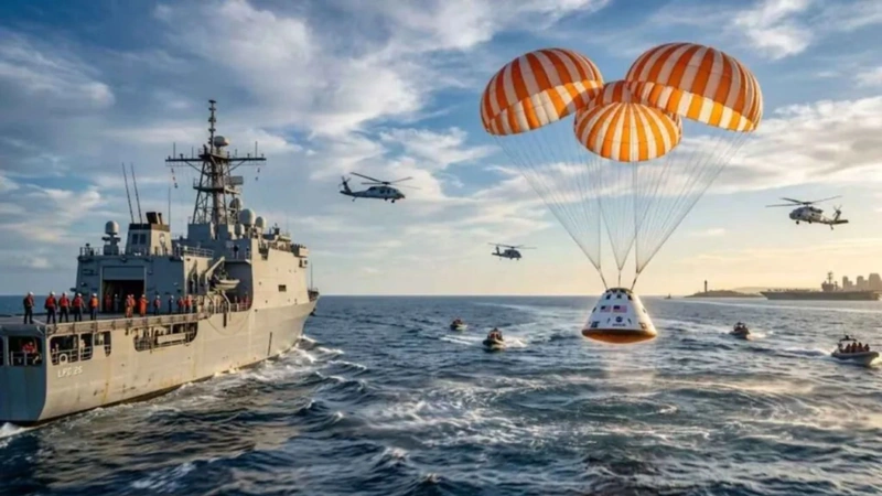Amerizaje de Artemis II en el Océano Pacífico. Foto: redes sociales.